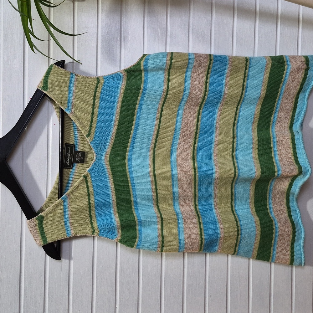 Eddie Bauer Sweater Vest Striped Green Blue XL